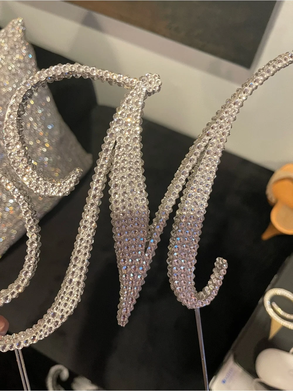 Rhinestone Letter M Cake Topper - Silver Sparkles